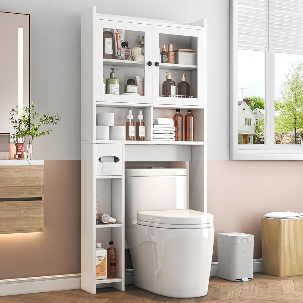knoworld Over The Toilet Storage Cabinet with Clear Doors, Behind Toilet Organizer with Toilet Paper Holder Stand, Above Toilet Shelf, Space Saver for Bathroom, Laundry, Restroom, White : Home & Kitchen