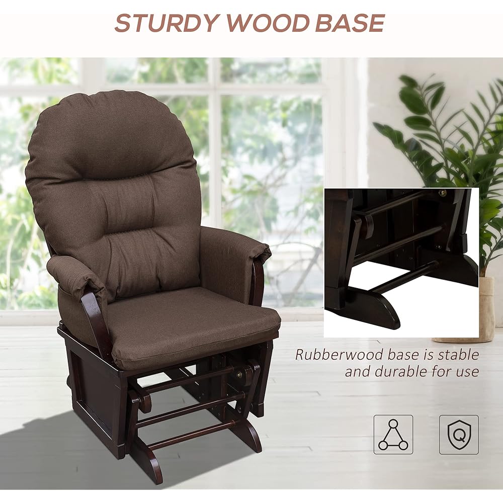 HOMCOM Nursery Glider Rocking Chair with Ottoman, Thick Padded Cushion Seating and Wood Base, Brown : Baby