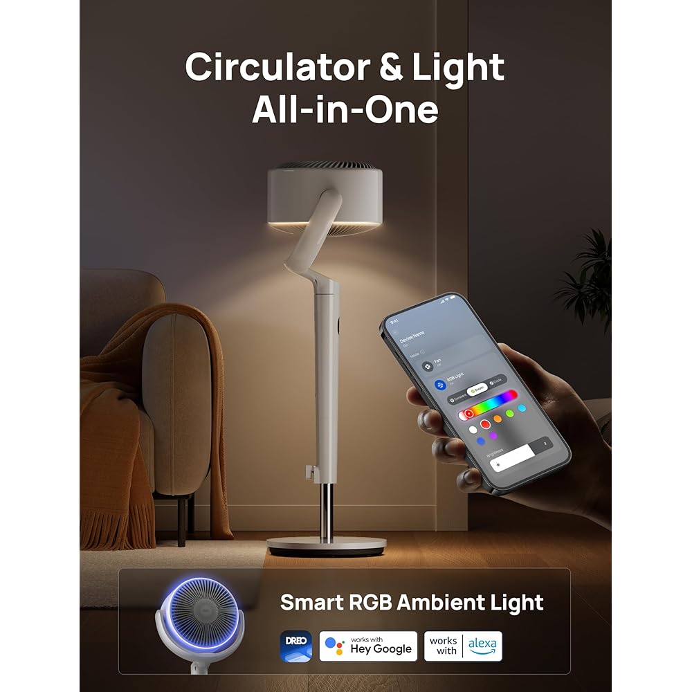 Dreo Smart Fan for Bedroom, 120° +120° Omni-Directional Oscillating Fans, 90ft Quiet Pedestal Fan with RGB Light, 9 Speeds, 6 Modes, 20dB, 8H Timer, Wi-Fi/Voice/Alexa, 37-42