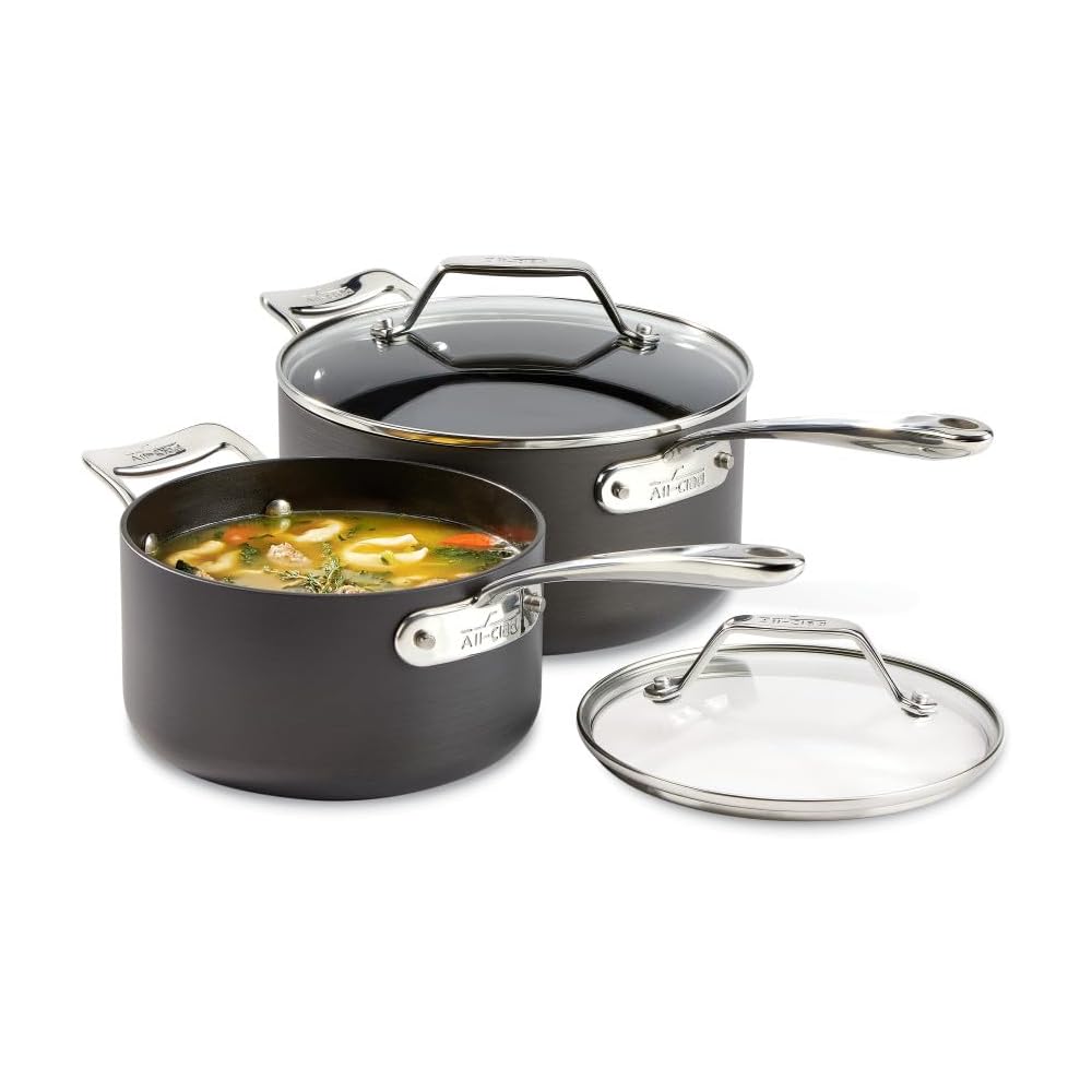 All-Clad Essentials Hard Anodized Nonstick Sauce Pan Set 4 Piece, 2.5, 4 Quart Oven Broiler Safe 500F Pots and Pans, Cookware Black