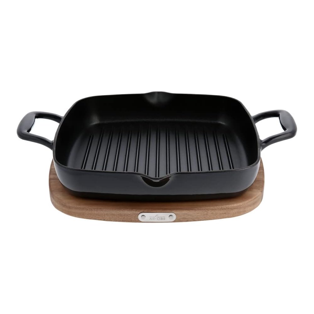 All-Clad Cast Iron Enameled Square Grill with Acacia Trivet 11 Inch Induction Oven Broiler Safe 650F Pots and Pans, Cookware Black: Home & Kitchen