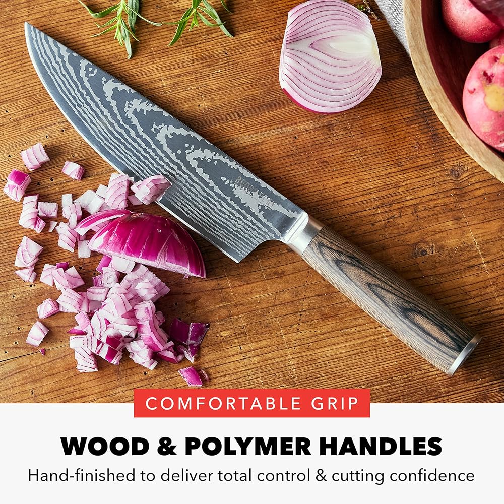 GreenPan x Bobby Flay 13 Piece Stainless Steel Cutlery Kitchen Knife Block Set, Premium Stainless Steel Blades, Acacia Wood Knife Block, Hand Finished Ergonomic Wood Handle, Damascus Steel Design: Home & Kitchen