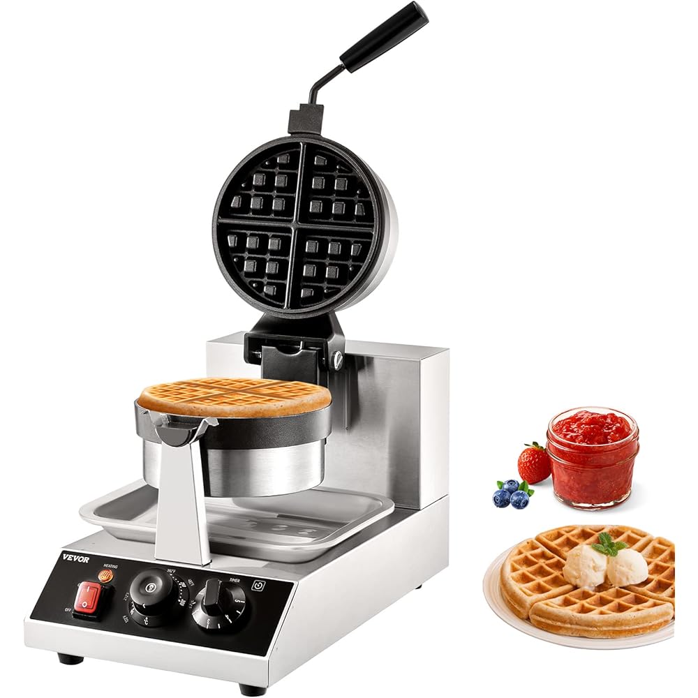 VEVOR Commercial Waffle Maker, 1300W Round Waffle Iron, Non-Stick Rotatable Waffle Baker Machine With 122-572℉ Temp Range and Time Control, Teflon-Coated Baking Pan Stainless Steel Body 120V : Industrial & Scientific