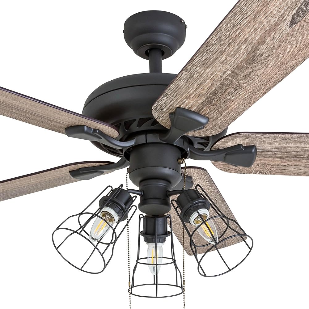 Prominence Home Lincoln Woods, 52 Inch Industrial Style LED Ceiling Fan with Light, Pull Chain, Three Mounting Options, 5 Dual Finish Blades, Reversible Motor - 50581-01 (Bronze) -