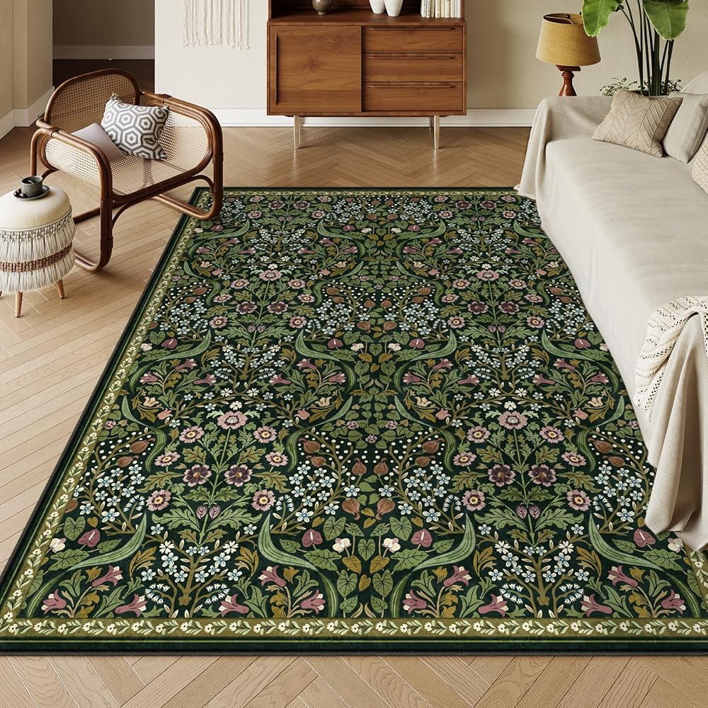 Moynesa Floral Washable 8x10 Rug, Large Rugs for Living Room, Green Soft 8 x 10 Boho Bedroom Rugs, Non Slip Botanical Ultra Thin Floor Carpet for Dining Room Nursery, Green : Home & Kitchen