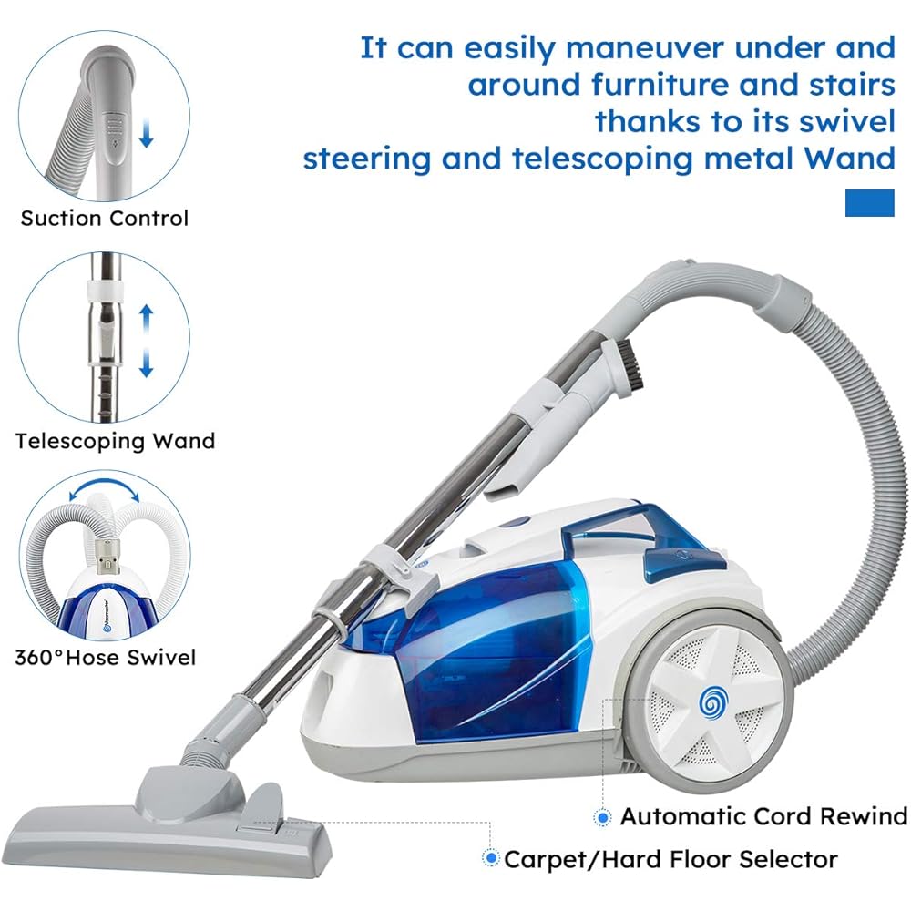 Vacmaster Bagless Canister Vacuum Portable Cyclonic Corded Vacuum Cleaner with Washable HEPA Filter & Automatic 16ft Cord Rewind Included 2.5L Dust Cup for Tiles, Hard Floor and Pet Hair : Home & Kitchen