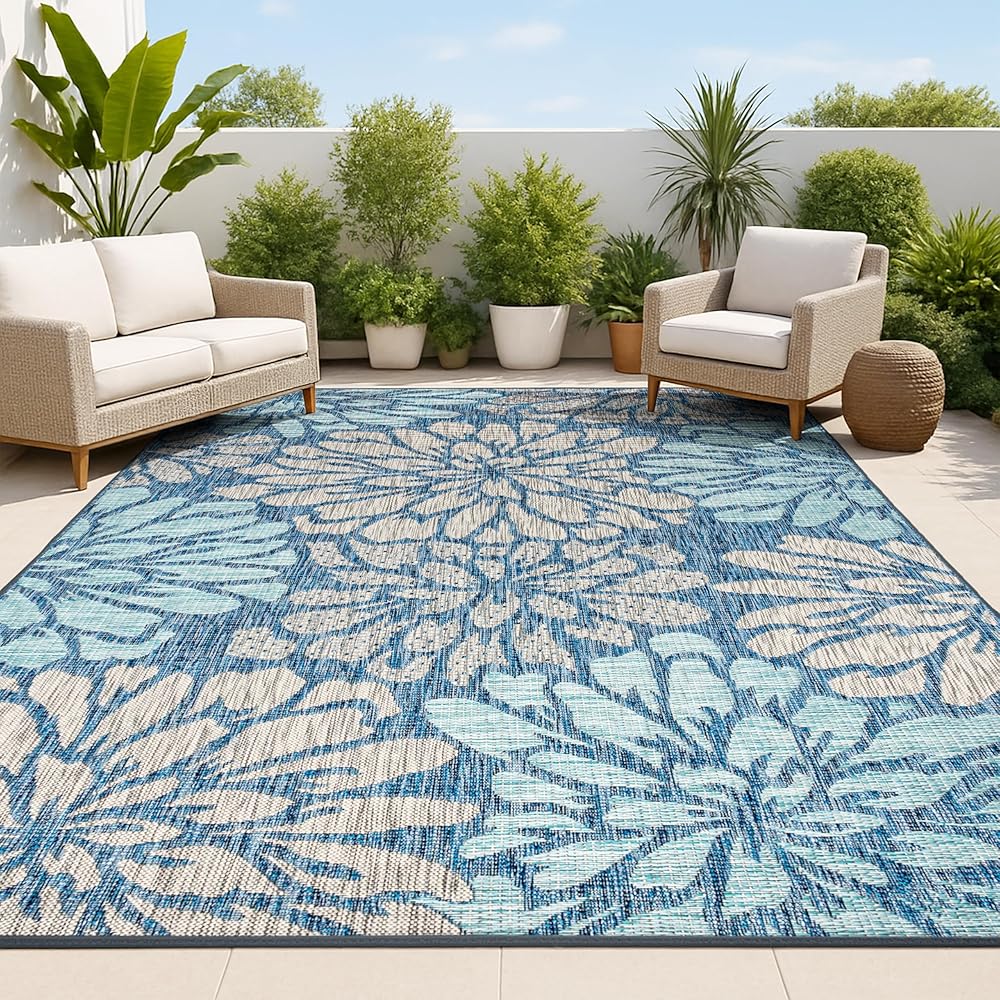 JONATHAN Y SMB110C-8 Zinnia Modern Floral Textured Weave Indoor Outdoor Area Rug Bohemian Coastal Easy Cleaning Bedroom Kitchen Backyard Patio Non Shedding, 8 X 10, Navy/Aqua : Patio, Lawn & Garden