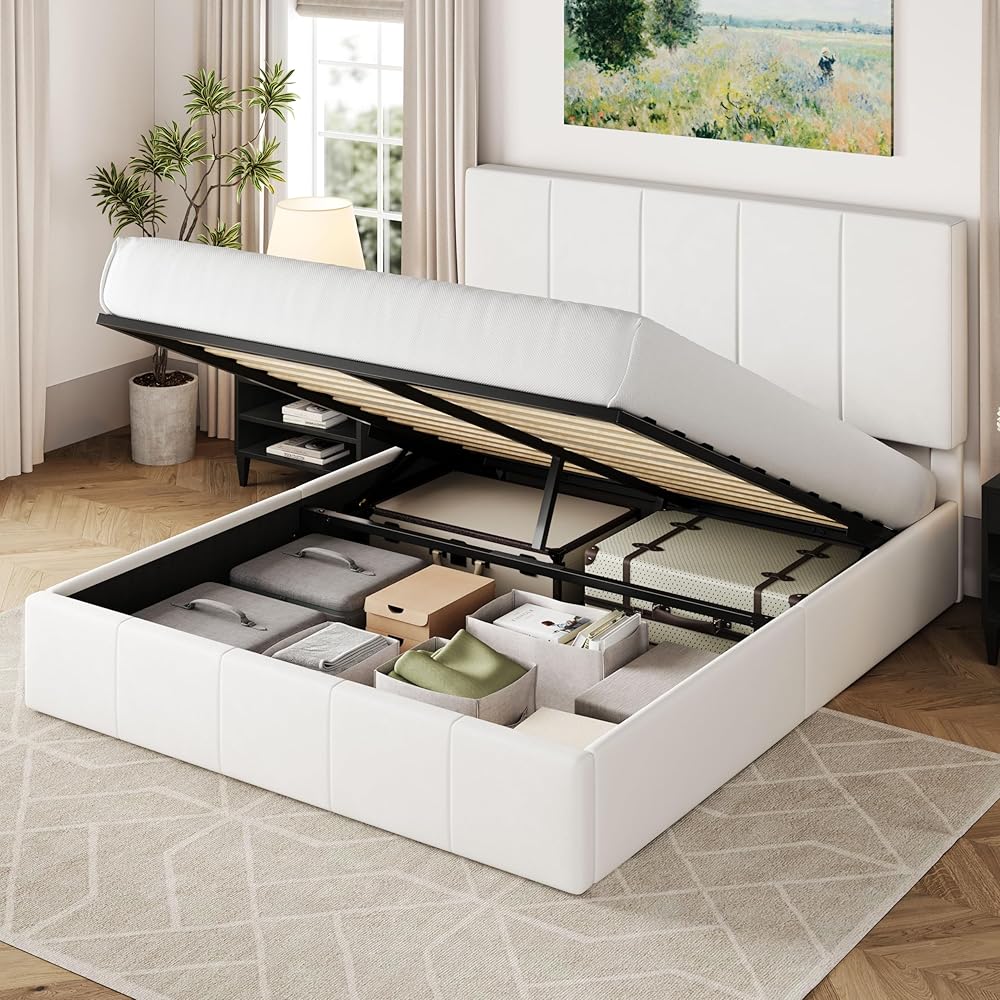 Allewie Queen Size Velvet Lift Up Storage Bed Frame, Vertical Channel Tufted Headboard, Hydrualic Underneath Storage, Upholstered Platform Bed, Wooden Slats Support, No Box Spring Needed, White : Home & Kitchen