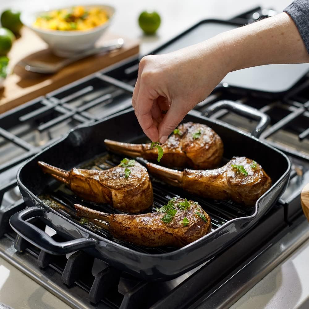 All-Clad Cast Iron Enameled Square Grill with Acacia Trivet 11 Inch Induction Oven Broiler Safe 650F Pots and Pans, Cookware Black: Home & Kitchen