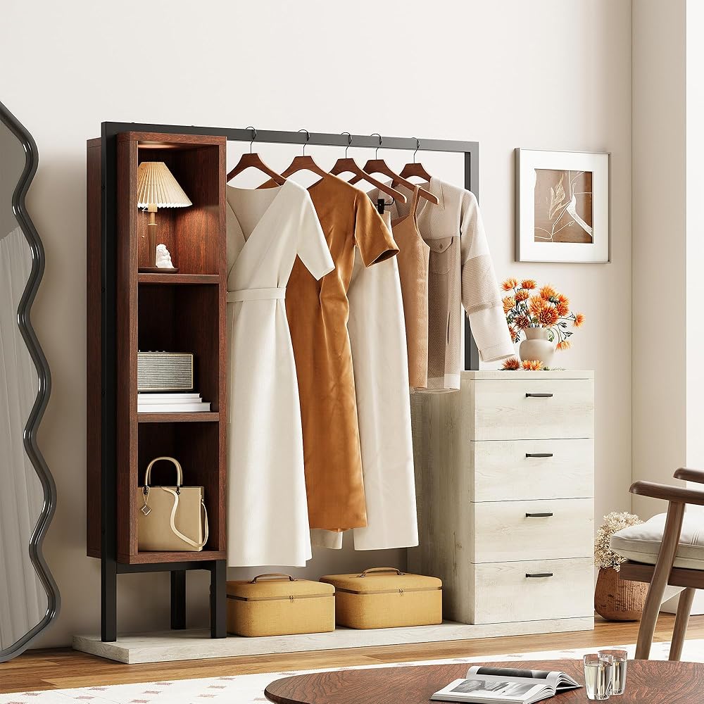 IRONCK Clothes Rack with 4 Wooden Drawers, Heavy Duty Garment Rack with Hanging Rack & 3 Shelves for Storing Clothes, Bags, White Maple with Red Walnut : Home & Kitchen