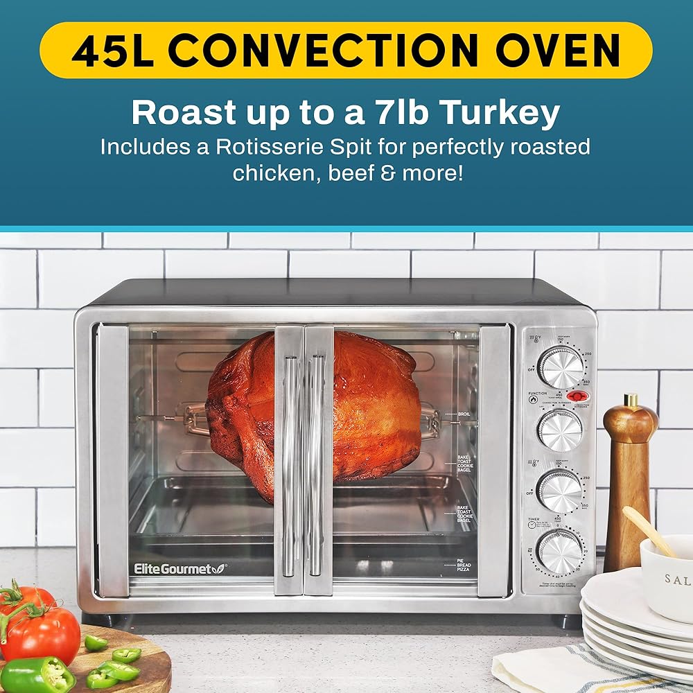 Elite Gourmet ETO-4510M French Door 47.5Qt, 18-Slice Convection Oven 4-Control Knobs, Bake Broil Toast Rotisserie Keep Warm, Includes 2 x 12