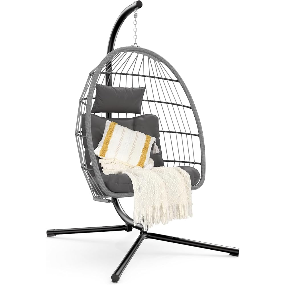 Hanging Egg Chair with Stand, Hammock Chair with Rattan Wicker, Patio Swing Egg Chair with Alluminum Frame & Thick Cusion, 350 Lbs Capacity Swing Chair for Outdoor/Indoor Use : Patio, Lawn & Garden