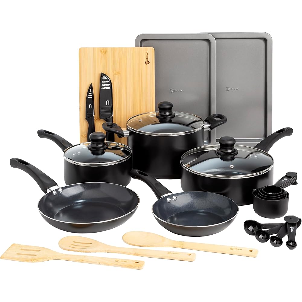 Ecolution Easy Clean Ceramic Nonstick Cookware Set, Dishwasher Safe Kitchen Pots and Pans Set, Comfort Grip Handle, Even Heating, Ultimate Food Release, 26-Piece, Black: Home & Kitchen