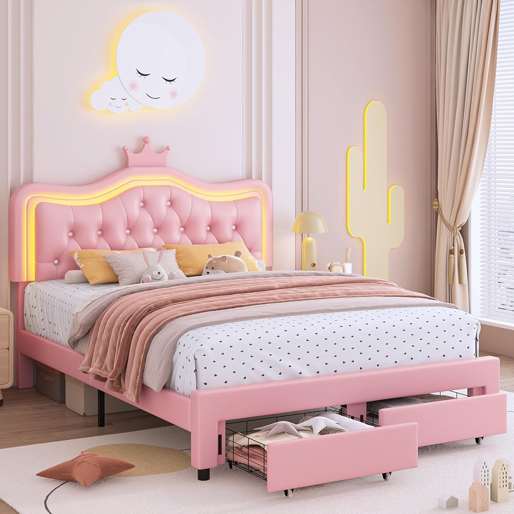 Keyluv Full Upholstered LED Bed Frame with Storage Drawer, Leather Princess Platform Bed with Adjustable Crystal Button Tufted Crown Headboard, Solid Wooden Slats Support, No Box Spring Needed, Pink : Home & Kitchen