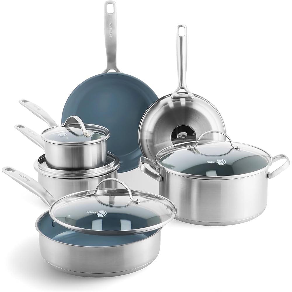 GreenPan Treviso 10 Piece Cookware Set, Non-Toxic PFAS-Free Stainless Steel Ceramic Nonstick Coating, Induction Suitable, Pots, Pans Lids, Sauté & Saucepans, Multi Clad, Dishwasher & Oven Safe: Home & Kitchen