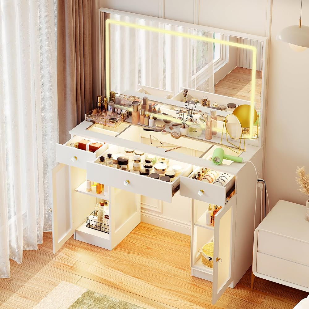 Pamapic Makeup Vanity with Crystal Knobs, Glass Top Vanity Desk with Mirror and Lights, Power Outlet, Drawers and Cabinet, 3 Lighting Color Adjustable Dressing Table, Upgraded Silent Slides, White : Toys & Games
