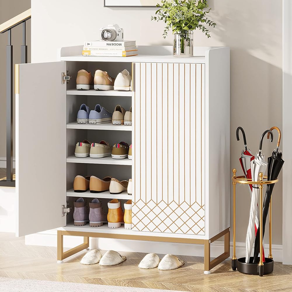 Tribesigns Shoe Cabinet with Doors, 5 Tiers Shoe Storage Cabinet for Entryway, 25 Pairs Wooden Shoe Cabinets, Modern Shoe Organizer Storage for Living Room, Bedroom, Hallway, Closet, White : Home & Kitchen