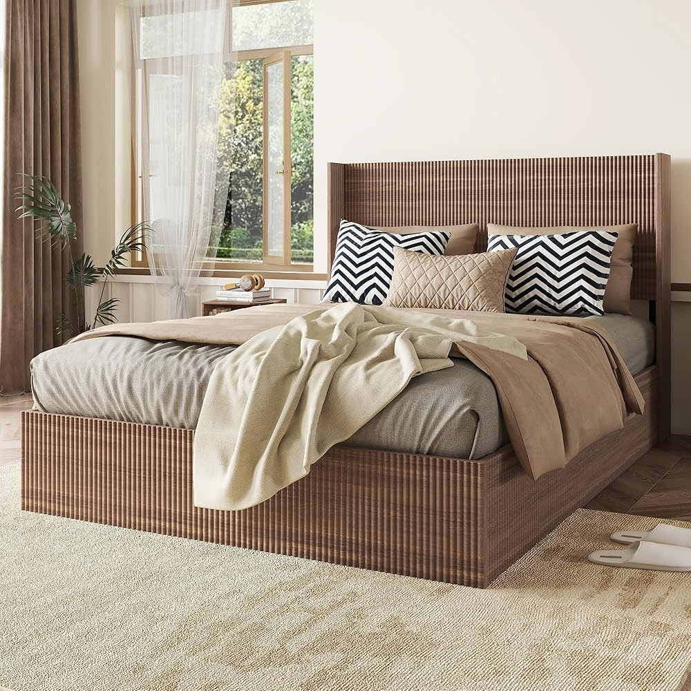 Lift Up Storage Bed Queen Size, Queen Bed Frame with Headboard and Lift Storage System, Wood Headboard with Wing-Back and Convex Groove Board Design : Home & Kitchen