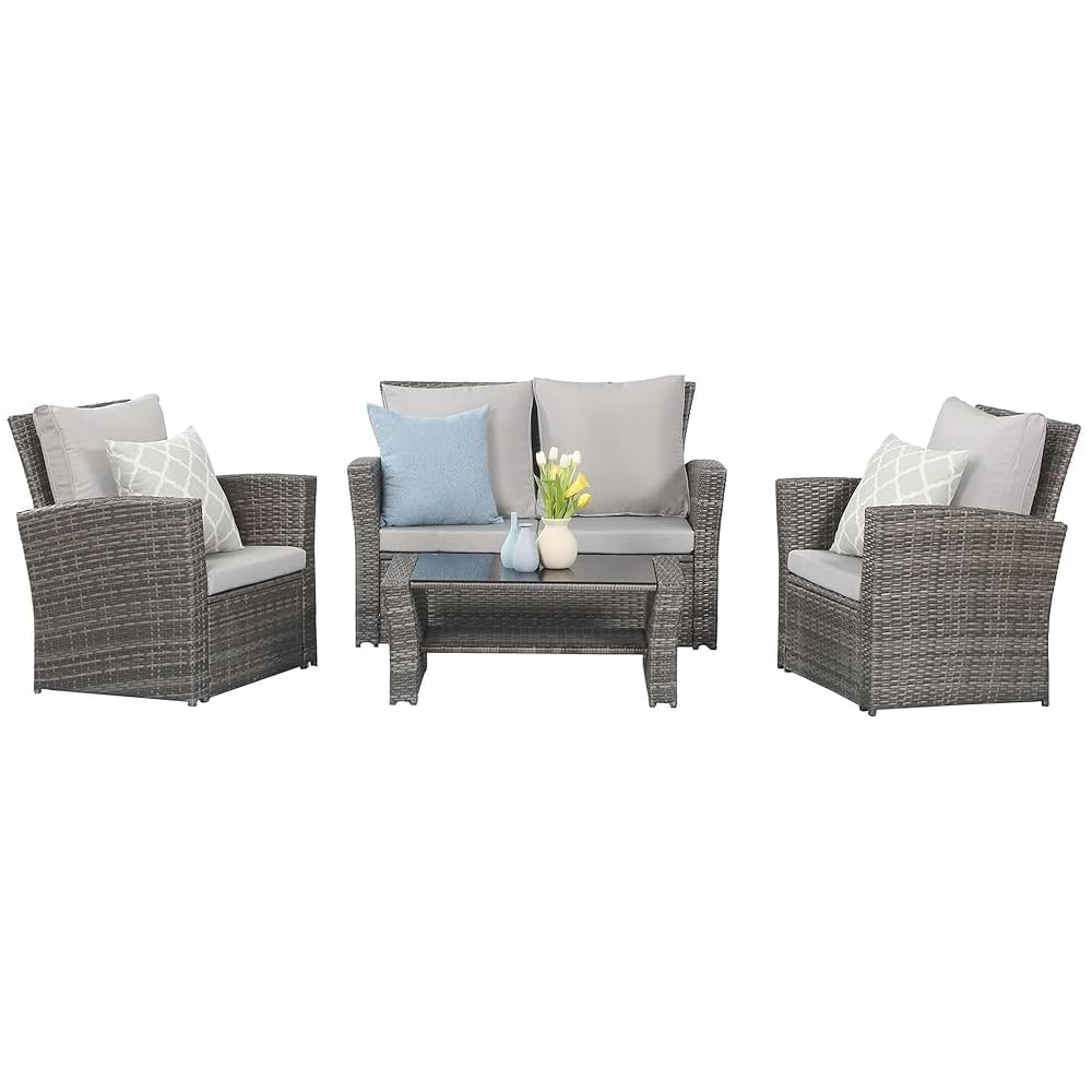 Wisteria Lane 4 Piece Outdoor Patio Furniture Sets, Wicker Conversation Set for Porch Deck, Gray Rattan Sofa Chair with Cushion : Patio, Lawn & Garden