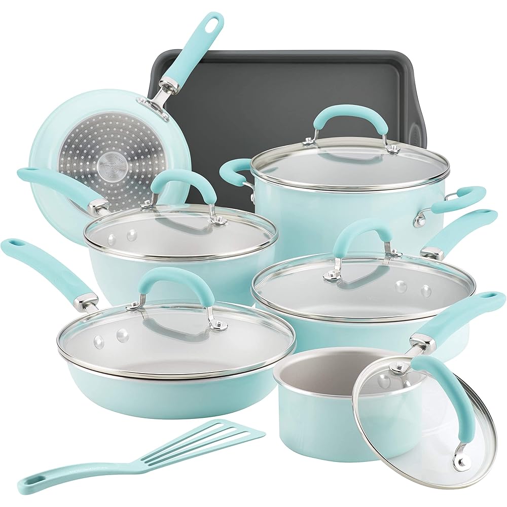 Rachael Ray Create Delicious Nonstick Cookware Pots and Pans Set, 13 Piece, Light Blue Shimmer: Home & Kitchen