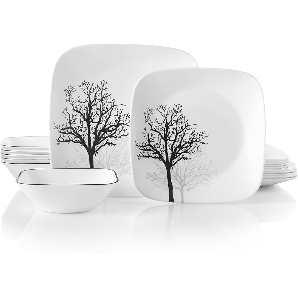 | Corelle Vitrelle 18-Piece Service for 6 Dinnerware Set Triple Layer Glass and Chip Resistant, Lightweight Square Plates and Bowls Set, Timber Shadows: Dinnerware Sets
