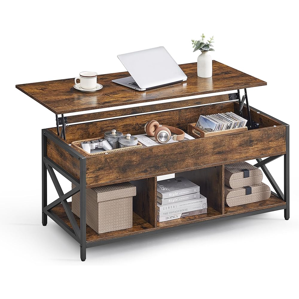 VASAGLE Lift Top Coffee Table, Lift Coffee Table with Storage Shelf, Hidden Compartments and Lifting Top, for Living Room, Office, 19.7 x 47.2 x (19.3-24.4) Inches, Rustic Brown and Black ULCT212B01 : Home & Kitchen