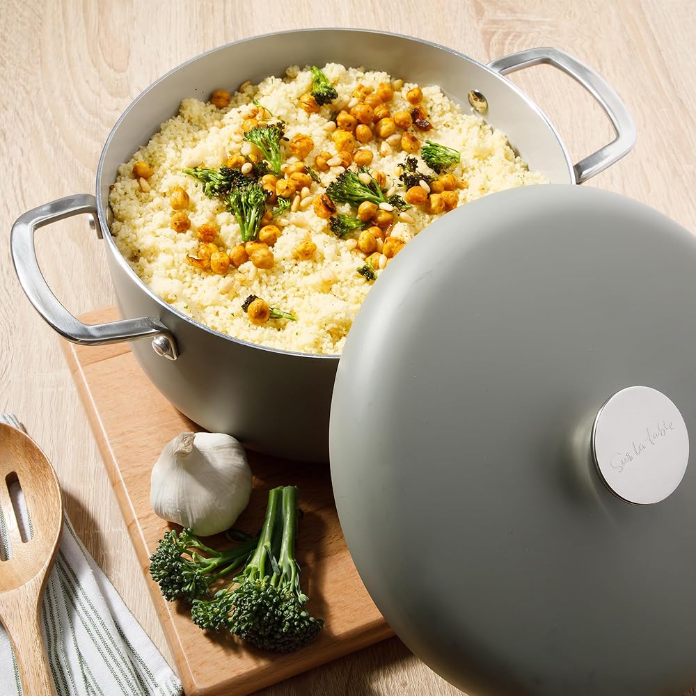 Sur La Table Kitchen Essentials Potluck Porch 10 Piece PFA Free Ceramic Non stick Interior Forged Aluminum Cookware Pots and Pans Set W/Aluminum Lids - Green - Induction Compatible: Home & Kitchen