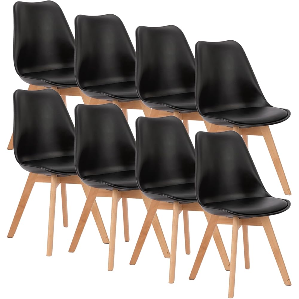 - OLIXIS Dining Chairs Set of 8 Kitchen Mid Century Modern Chairs with Wood Legs and PU Leather Cushion for Living Room Bedroom Outdoor Lounge, Black - Chairs