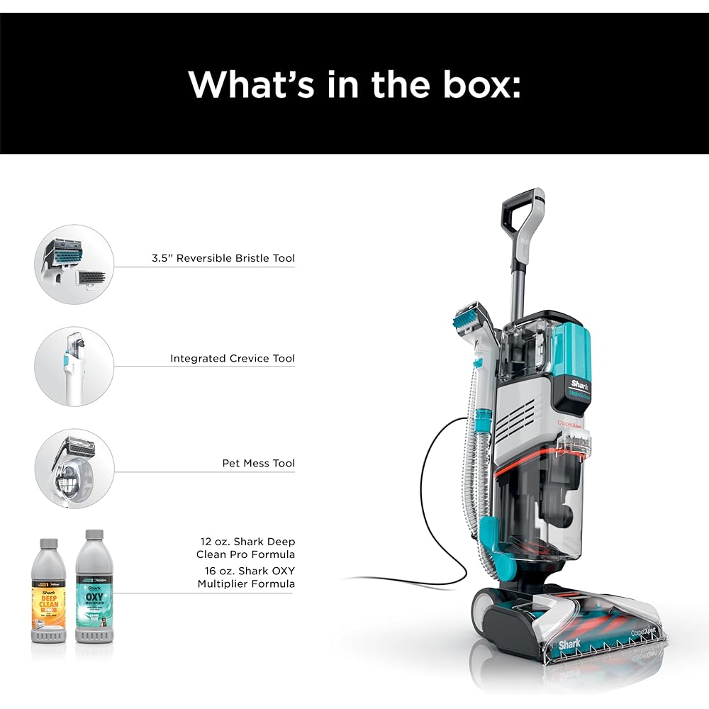 - Shark CarpetXpert with StainStriker Upright Carpet, Area Rug & Upholstery Cleaner with Pet Mess Extractor Tool, Perfect for Pets, Carpet Shampooer, 3 Cleaning Tools, Cleaning Solutions, White, EX201