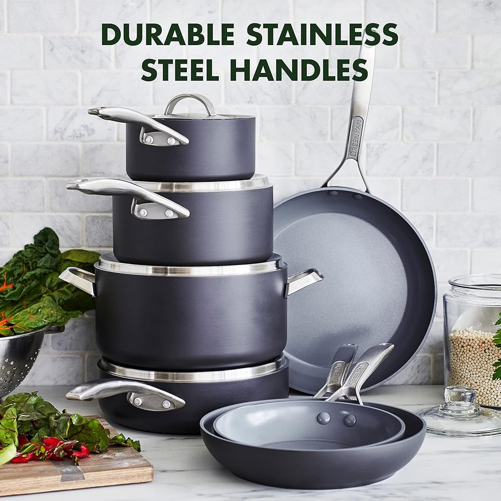 GreenPan Paris Pro Hard Anodized Healthy Ceramic Nonstick, 11 Piece Cookware Pots and Pans Set with Stainless Steel Lids, PFAS-Free, Dishwasher Safe, Grey: Home & Kitchen