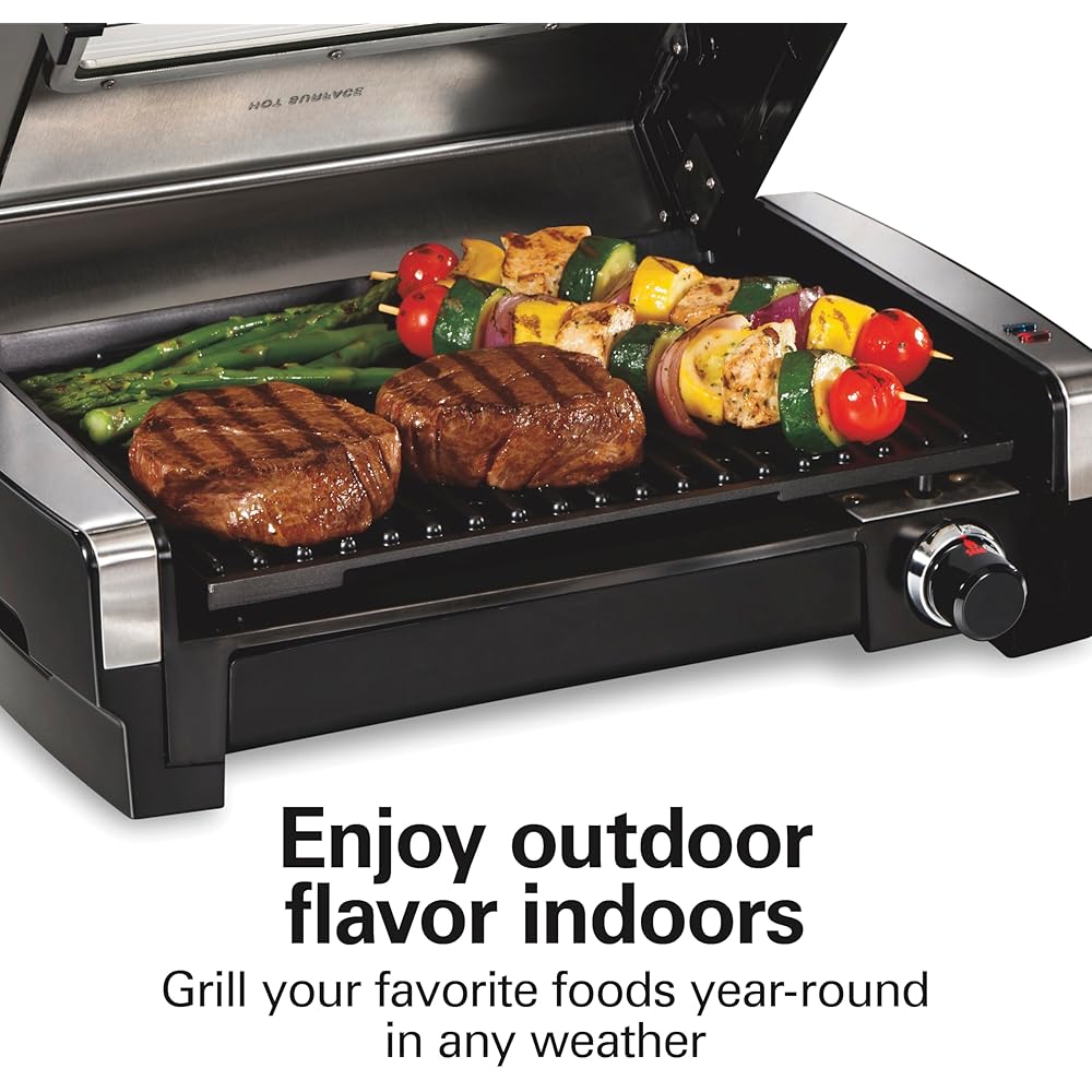 Hamilton Beach Electric Indoor Searing Grill with Viewing Window & Adjustable Temperature Control to 450F, 118 sq. in. Surface Serves 6, PFAS-Free Removable Nonstick Grate, Stainless Steel: Home & Kitchen