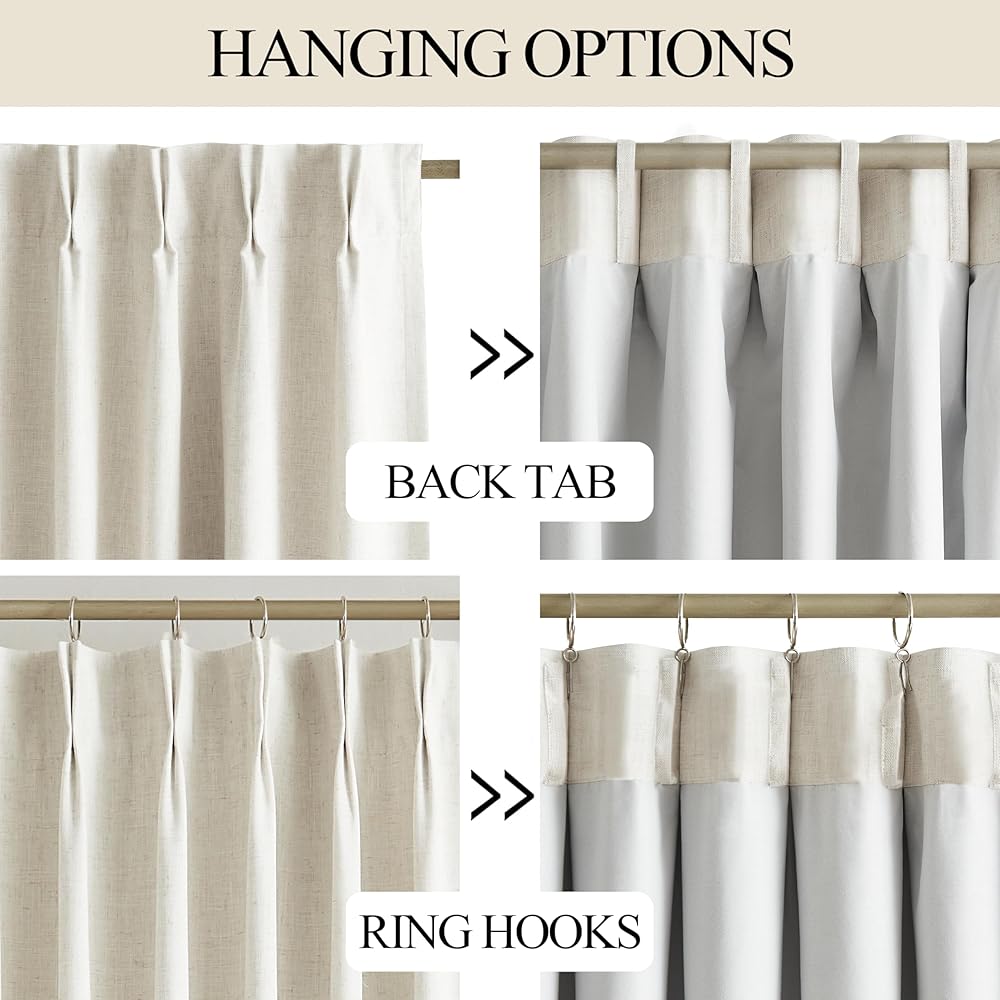 Vision Home Natural Pinch Pleated Full Blackout Curtains Linen Blended Room Darkening Window Curtains 102 inch for Living Room Bedroom Thermal Insulated Pinch Pleat Drapes with Hooks 60