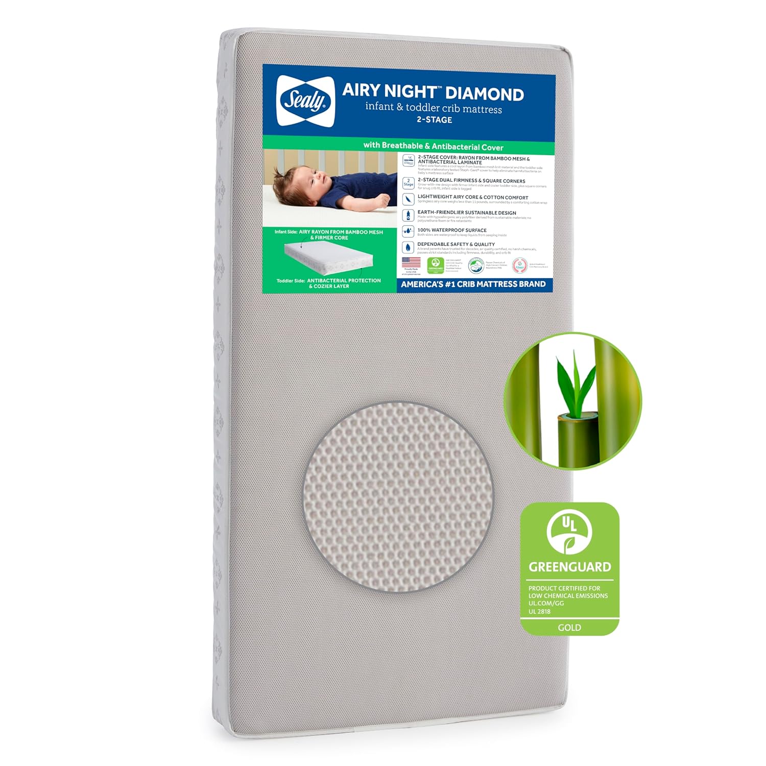 : Sealy Baby Airy Night Diamond Breathable Crib Mattress, Made in USA, GREENGUARD GOLD Certified, Supportive & Sustainable Mesh Surface, 2 Stage, Toddler Bed Fit, Safety & Quality Tested, 52x28