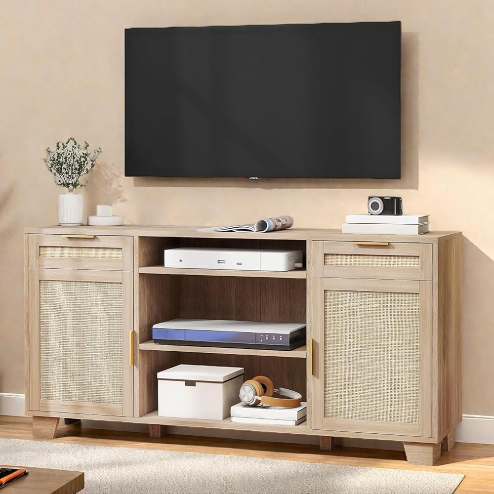 YITAHOME Rattan TV Stand for up to 65 Inch TVs, Boho Entertainment Center with Storage, TV Media Console with Drawers, Adjustable Shelves for Living Room (Natural Oak) : Everything Else