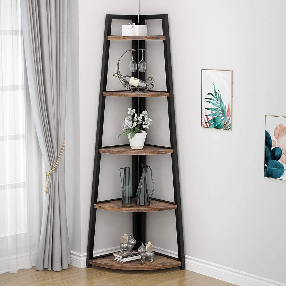 Tribesigns 70 inch Tall Corner Shelf, 5 Tier Rustic Corner Bookshelf Bookcase Industrial Corner Ladder Shelf Plant Stand for Living Room, Kitchen, Home Office (Brown) : Home & Kitchen