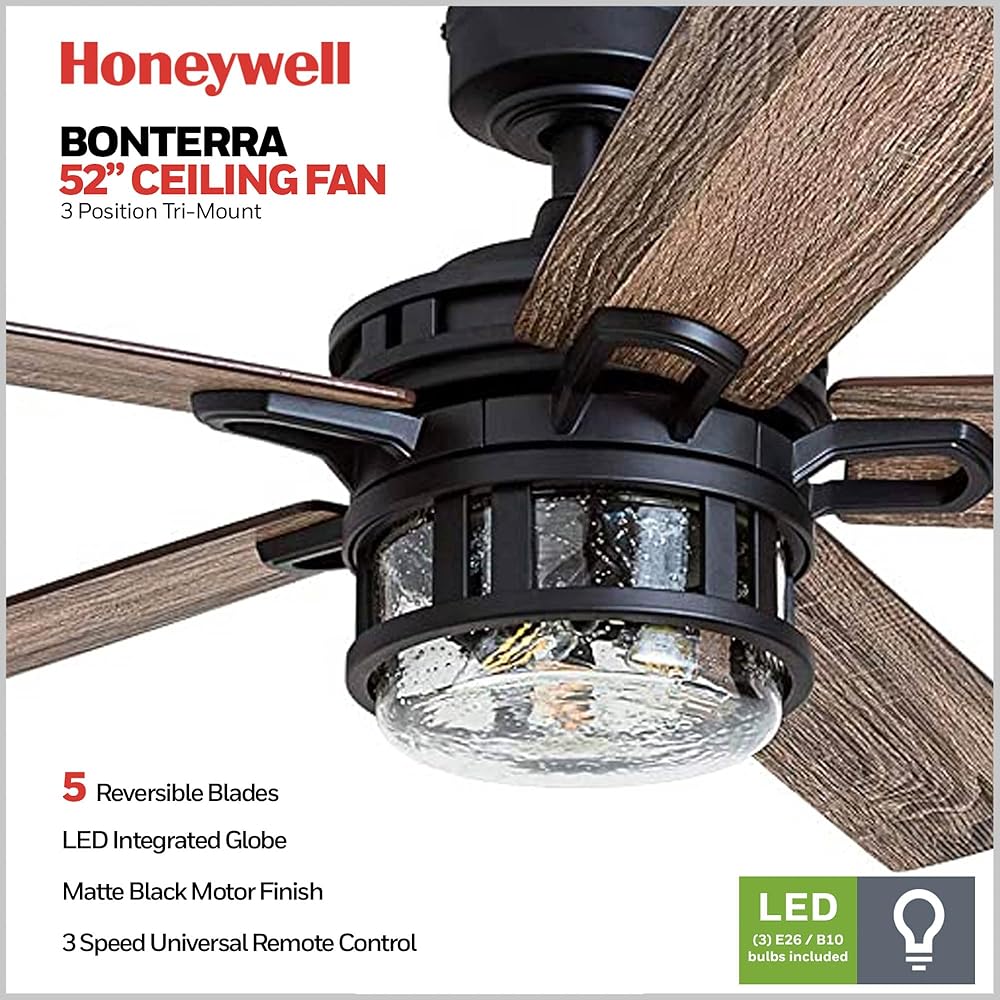 Honeywell Ceiling Fans Bonterra Modern 52 Inch Ceiling Fan with Light, Remote Control Fan, LED Indoor Fan with 5 Blades, Brown Pine and Black Blade Finish Options, Matte Black (50690-01) -