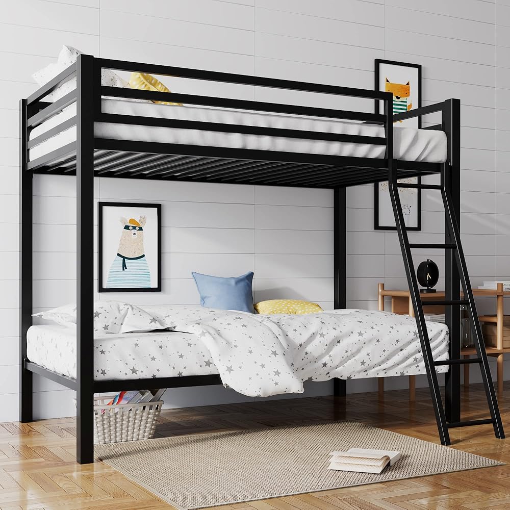 SHA CERLIN Loft Bunk Bed Twin Over Twin Size with Ladder and Guardrail,Heavy Duty Metal Slats Support No Box Spring Needed Small Space Saving Furniture for Bedroom Dorm,Black : Home & Kitchen