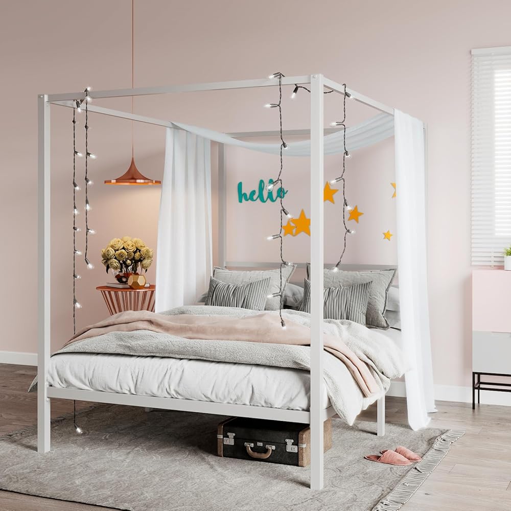 SHA CERLIN Canopy Bed Frame Full Size/Mattress Foundation with Metal Slats Support/No Box Spring Needed/Easy Assembly/White