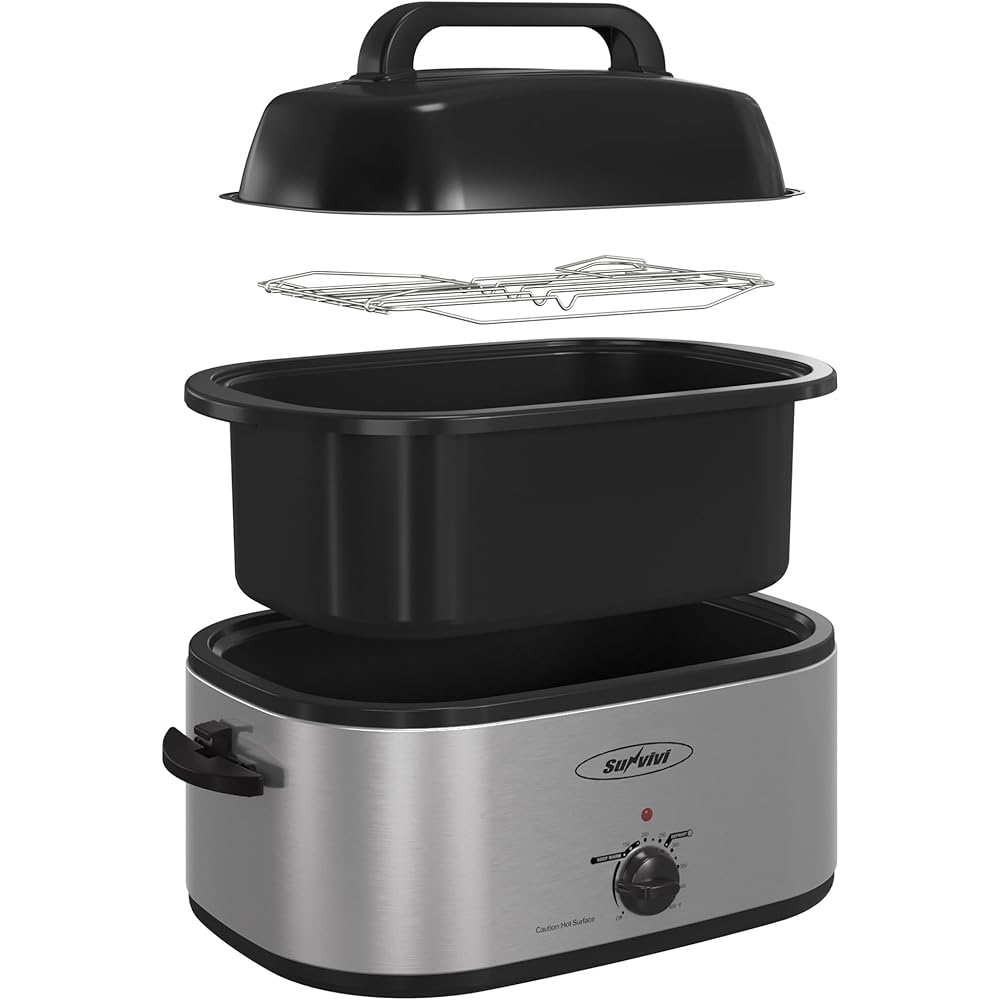 Sunvivi 28 Quart Electric Roaster Oven Turkey Roaster with Lid Electric Roasters with Removable Pan Large Roaster,Visible & Self-basting Lid, Fast Heating & Thaw/warming Setting,Silver