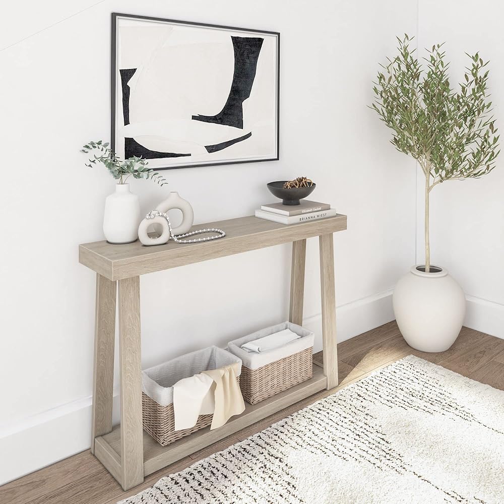 Plank+Beam Solid Wood Console Table with Storage, 46.25 Inch, Sofa Table with Shelf, Narrow Entryway Table for Hallway, Behind The Couch, Living Room, Foyer, Easy Assembly, Seashell : Home & Kitchen