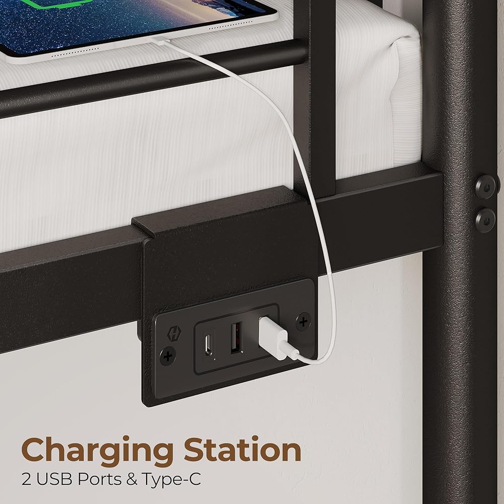 Rolanstar Metal Bunk Bed Twin Over Twin with USB Charging Station, LED Bunk Bed with 2 Storage Drawers, Bed with Safety Guardrail & Ladders, No Box Spring Needed, Easy Assembly, Black : Home & Kitchen