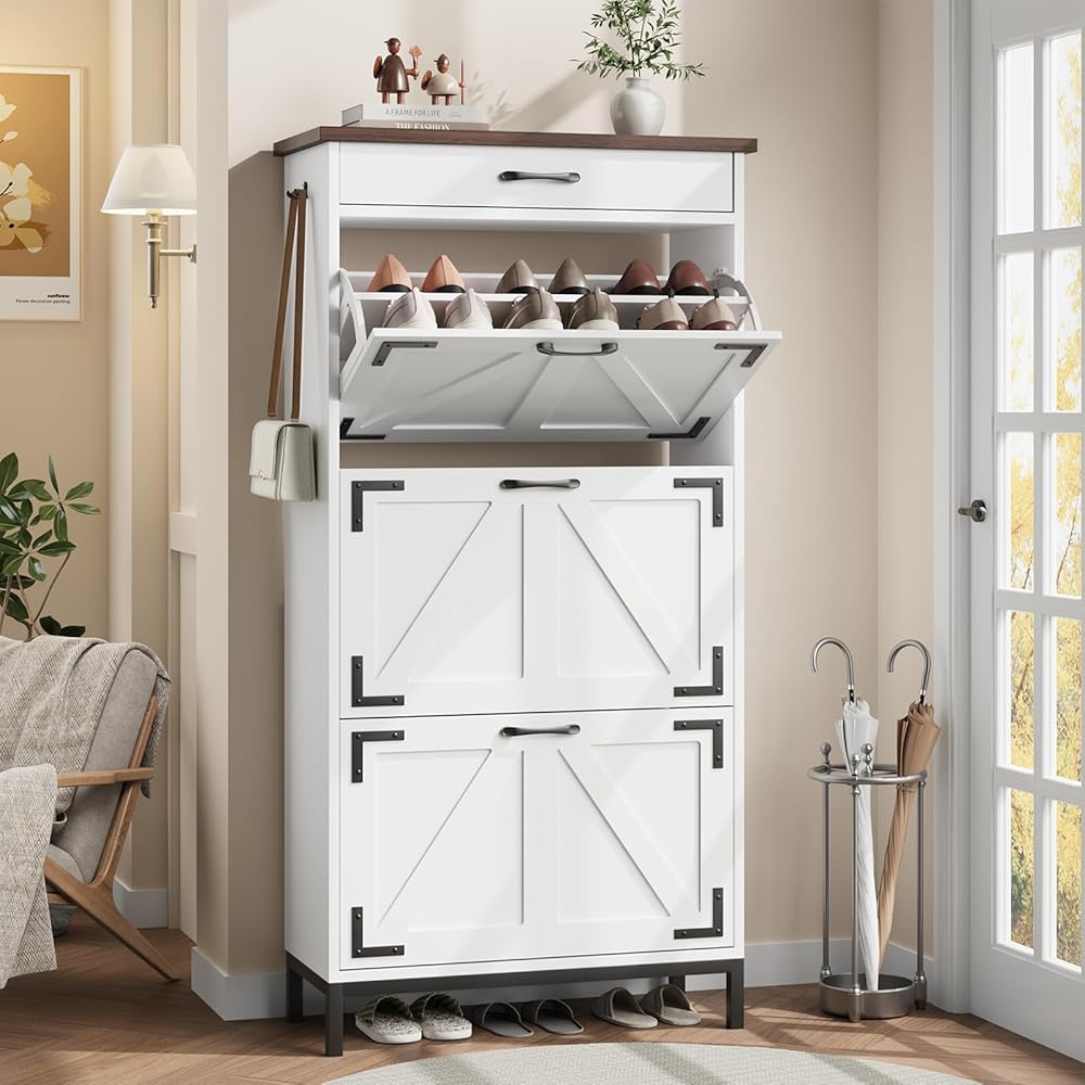 Jocoevol Shoe Cabinet Storage for Entryway with 3 Flip Drawers and 1 Top Drawer, Freestanding Hidden Narrow Shoe Cabinet with Metal Legs for Foyer, Hallway (White) : Home & Kitchen