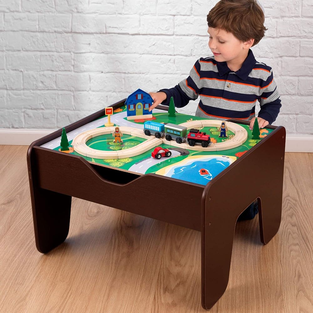 KidKraft 2-in-1 Reversible Top Activity Table with 200 Building Bricks and 30-Piece Wooden Train Set, Espresso, Gift for Ages 3+ : Toys & Games