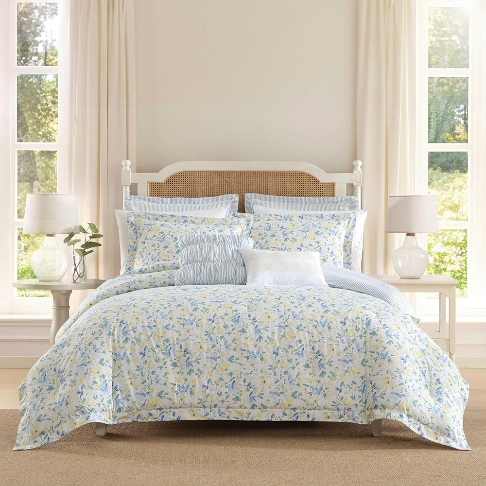 Laura Ashley Comforter, Soft Reversible Bedding Set, Includes Matching Bonus Euro Shams & Throw Pillows, Queen, Nora Blue/Yellow/Green/White : Home & Kitchen