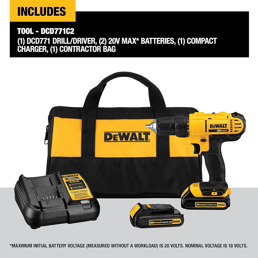DEWALT 20V Max Cordless Drill/Driver Kit, 2 Batteries and Charger Included (DCD771C2) : Tools & Home Improvement