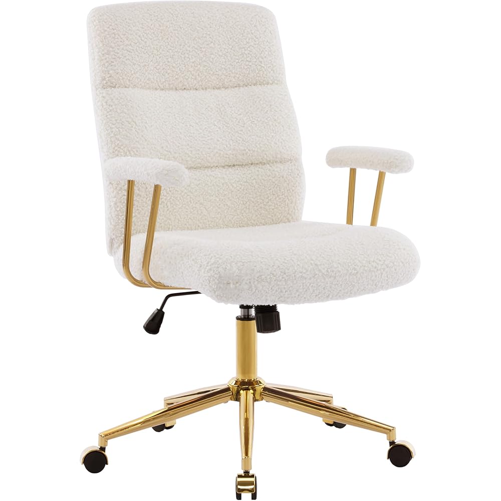 Elegant White and Gold Fuzzy Office Chair with Textured Boucle Fabric, Modern Desk Chair with Padded Seat, Height Adjustable with Durable Gold Base : Home & Kitchen