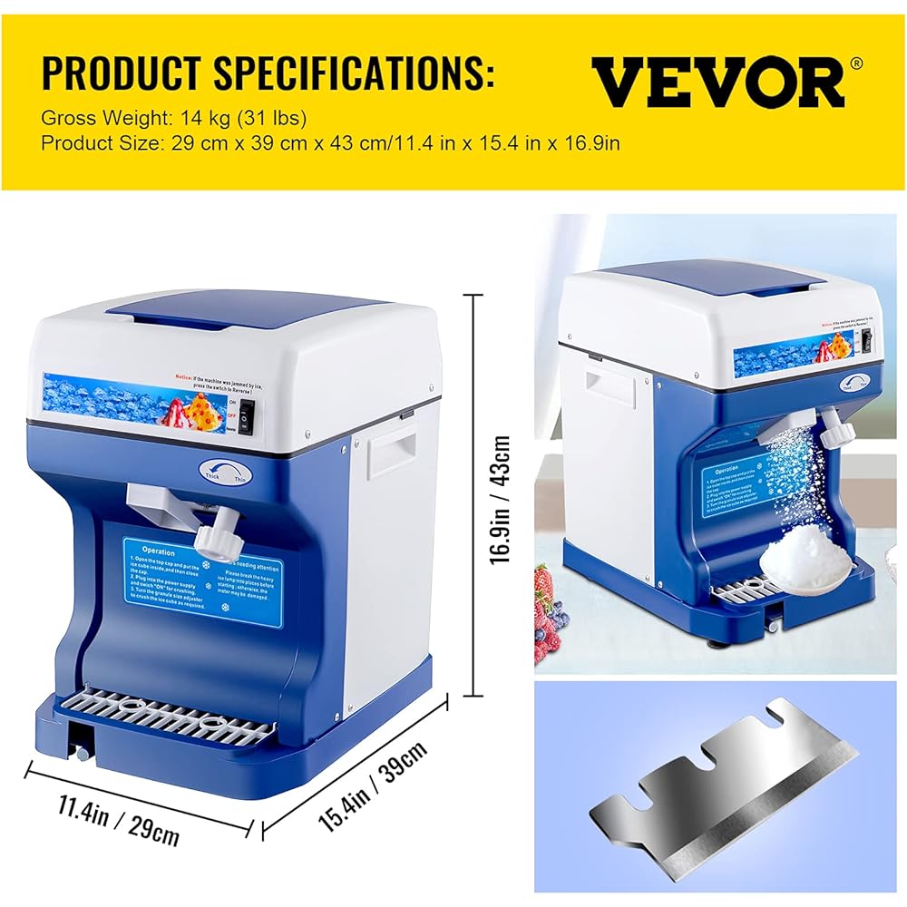 VEVOR 110V Electric Shaved Ice Machine 500W Snow Cone Maker Tabletop w/Adjustable Ice Texture, Ice Shaving Machine 265LBs/hr for Home and Commerical Use : Home & Kitchen