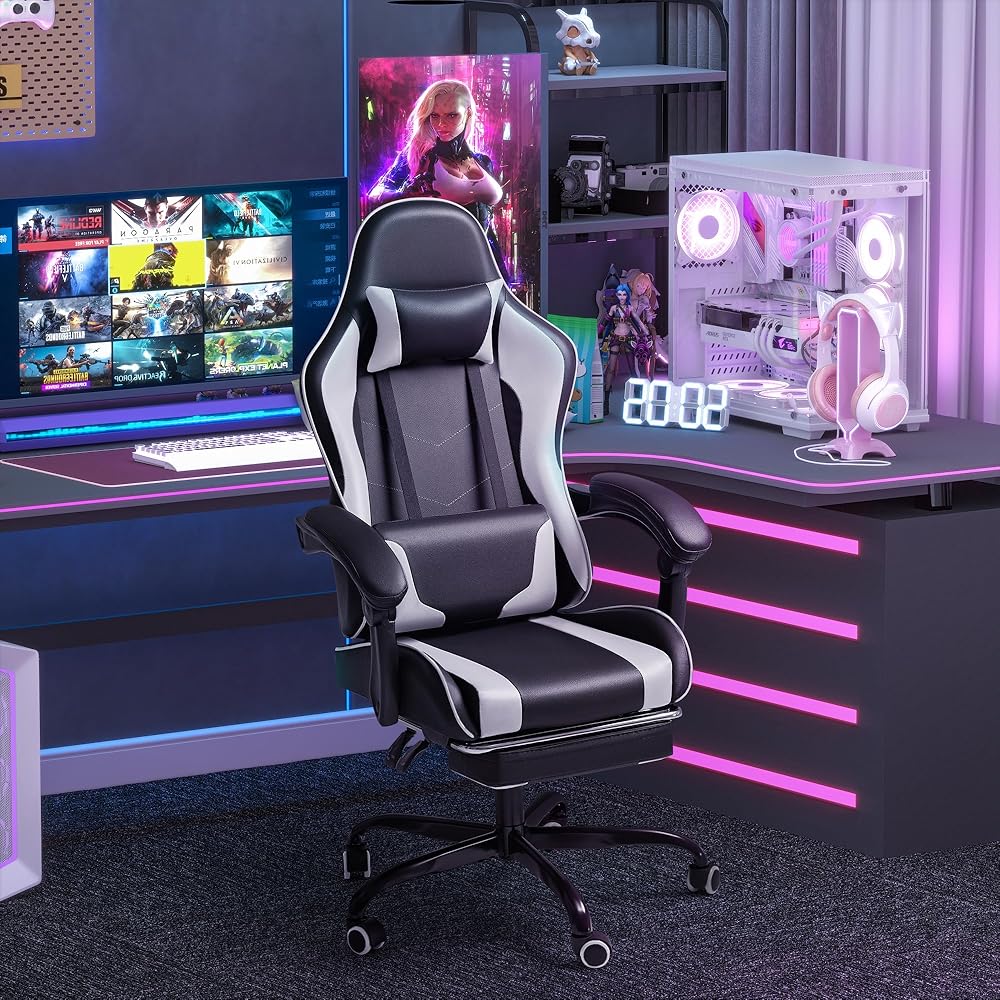 Homall Gaming Chair, Video Game Chair with Footrest and Massage Lumbar Support, Ergonomic Computer Chair Height Adjustable with Swivel Seat and Headrest (White) : Home & Kitchen