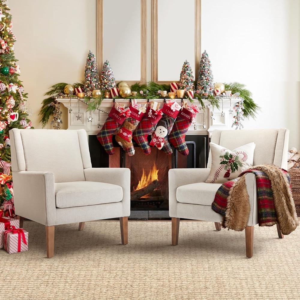 COLAMY Modern Wingback Living Room Chair Set of 2, Upholstered Fabric Accent Armchair, Single Sofa Chair with Lounge Seat and Wood Legs for Bedroom/Office/Reading Spaces, Beige : Home & Kitchen