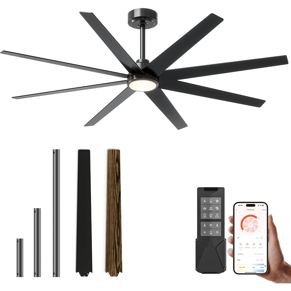 CubiCubi Ceiling Fans with Lights and Remote - 72 Inch Black Large Ceiling Fan for Inoor Bedroom, Living Room, Kichen, 3 Downrods, Dimmable, Super Quiet, 6 Speeds, Dual Finish 8 Blades -